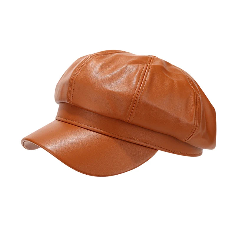 Fashion Hat | Faux Leather Baker Boy Cap – Caramel