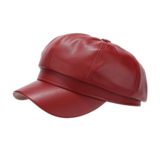 Fashion Hat | Faux Leather Baker Boy Cap – Red
