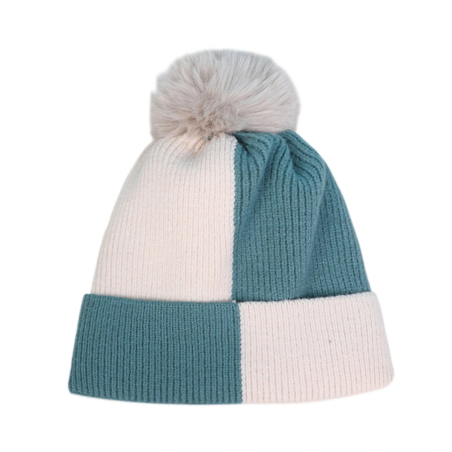 Bobble Hat | Colour Block Faux Fur Pom Design – Teal Blue