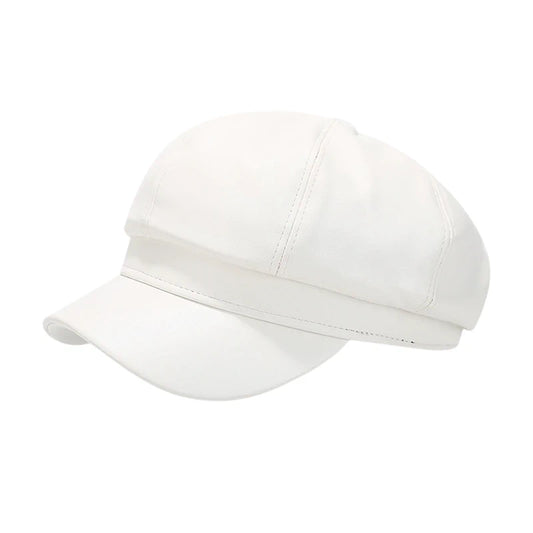 Fashion Hat | Faux Leather Baker Boy Cap – White