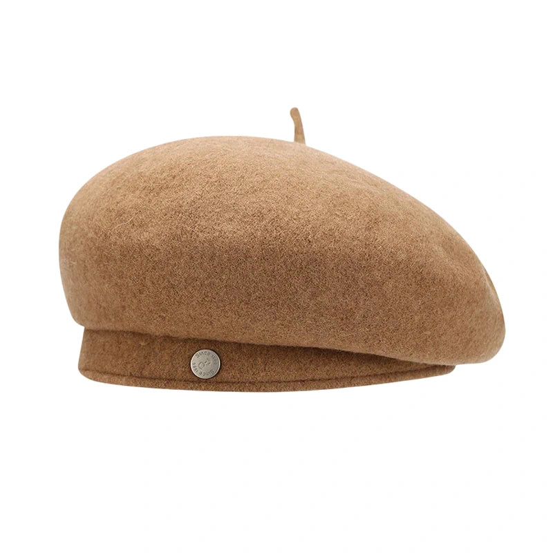 Fashion Hat | Wool Blend Beret with Metal Button – Brown
