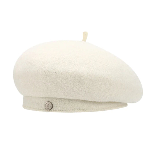 Fashion Hat | Wool Blend Beret with Metal Button – Cream