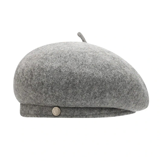 Fashion Hat | Wool Blend Beret with Metal Button – Grey
