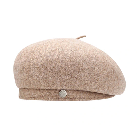 Fashion Hat | Wool Blend Beret with Metal Button – Beige