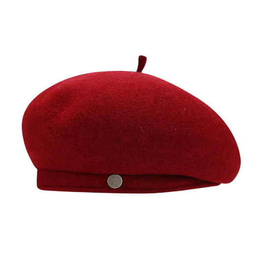 Fashion Hat | Wool Blend Beret with Metal Button – Red