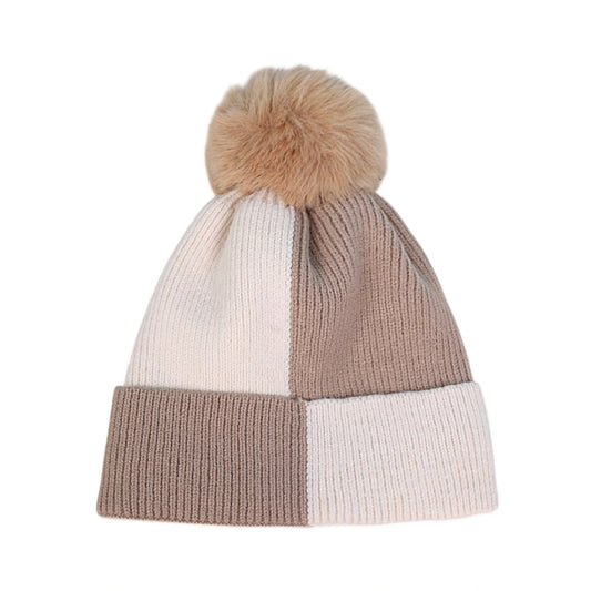 Bobble Hat | Colour Block Faux Fur Pom Design –Khaki