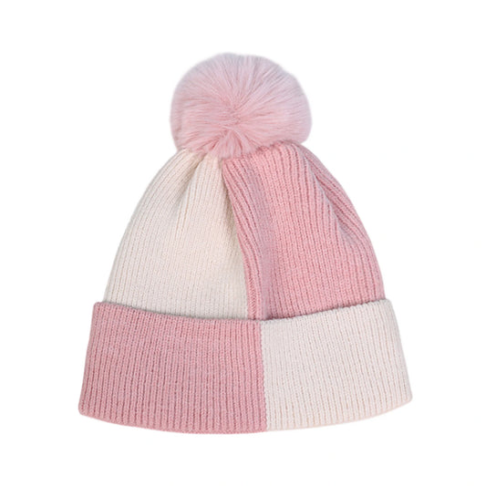 Bobble Hat | Colour Block Faux Fur Pom Design – Pink