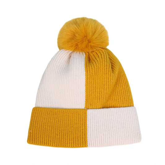 Bobble Hat | Colour Block Faux Fur Pom Design – Mustard