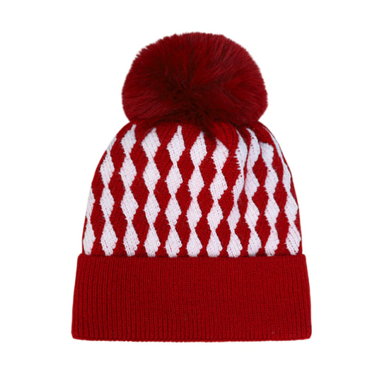 Bobble Hat | Diamond Knit Pattern – Red