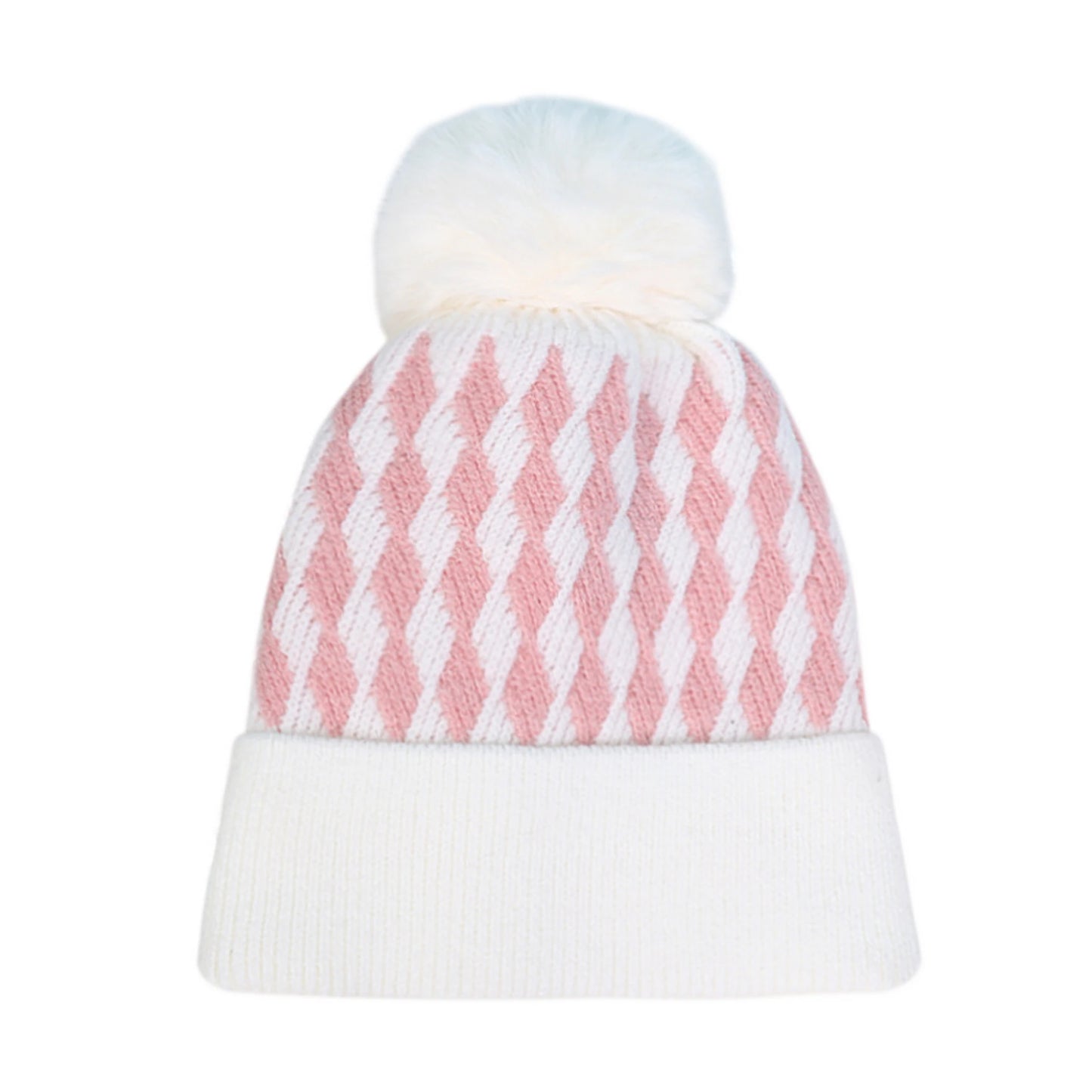 Bobble Hat | Diamond Knit Pattern – White