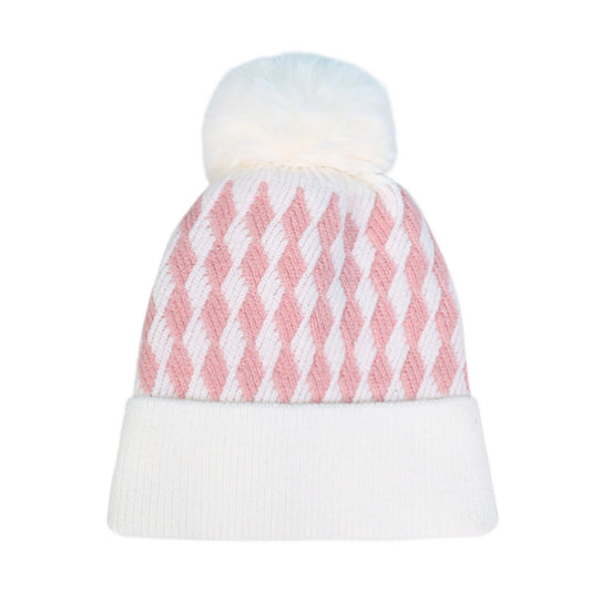 Bobble Hat | Diamond Knit Pattern – White