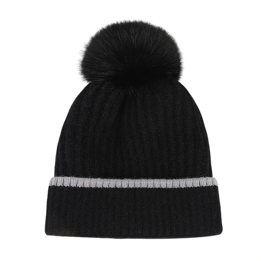 Bobble Hat | Ribbed Knit Contrast Stripe – Black