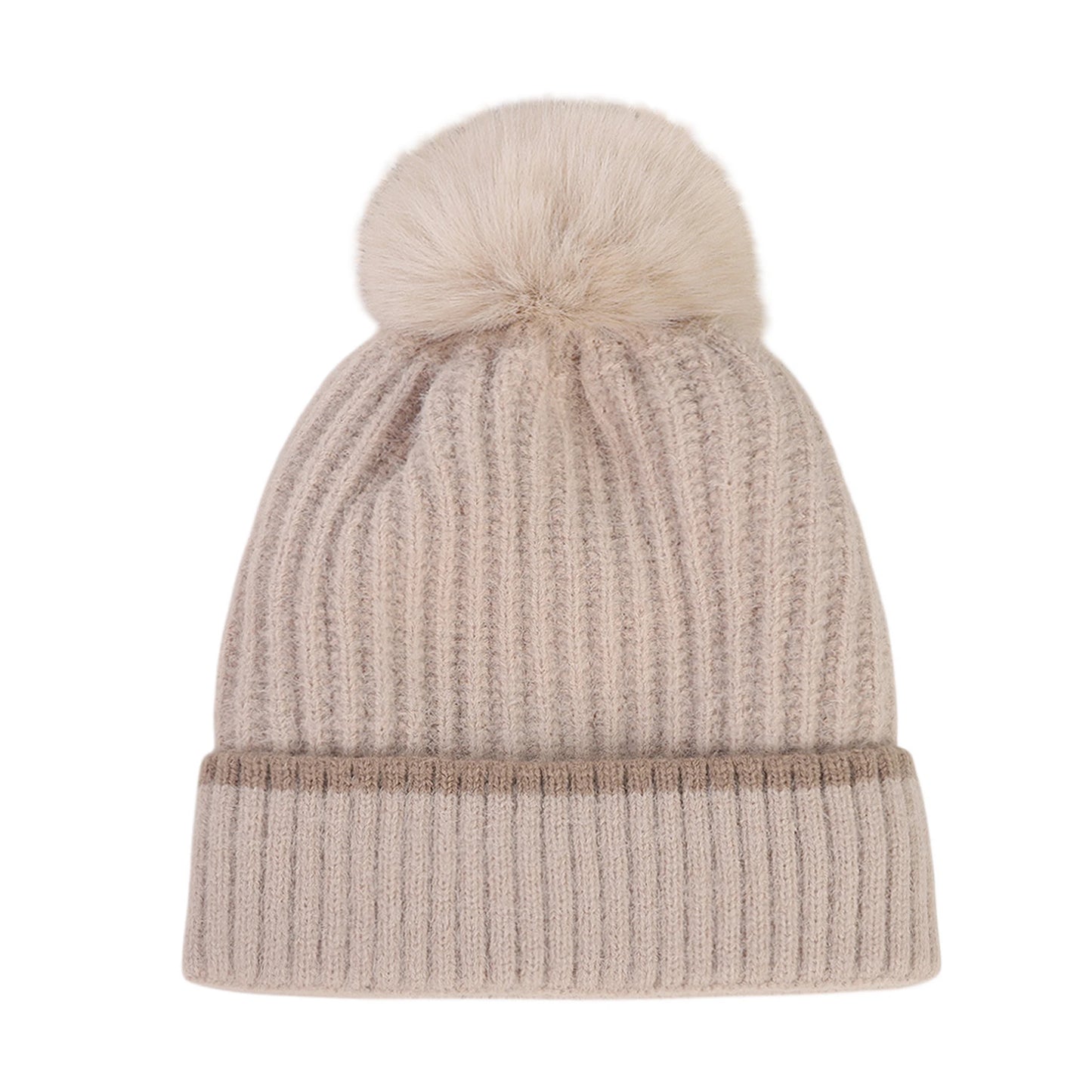 Bobble Hat | Ribbed Knit Contrast Stripe – Beige