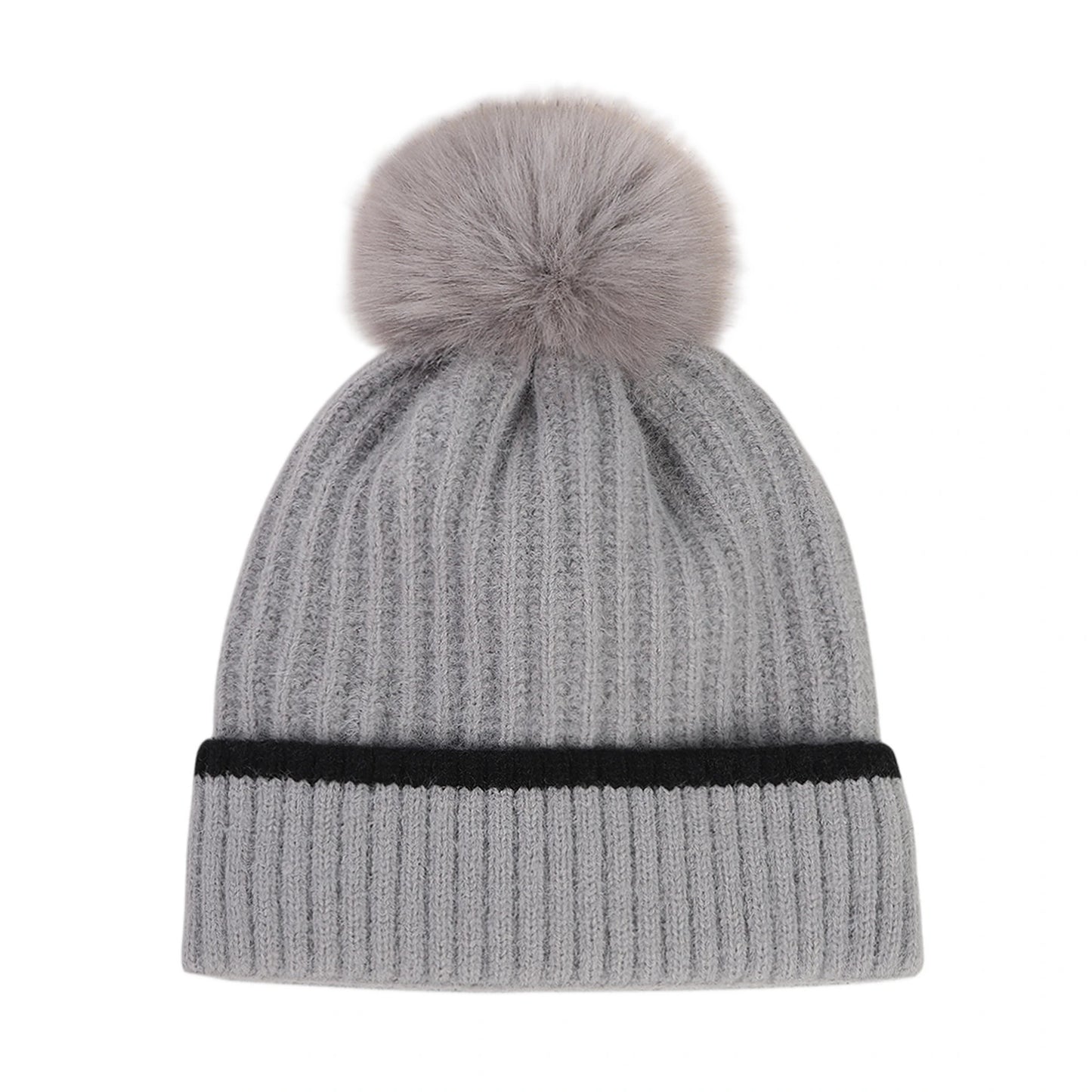 Bobble Hat | Ribbed Knit Contrast Stripe – Grey