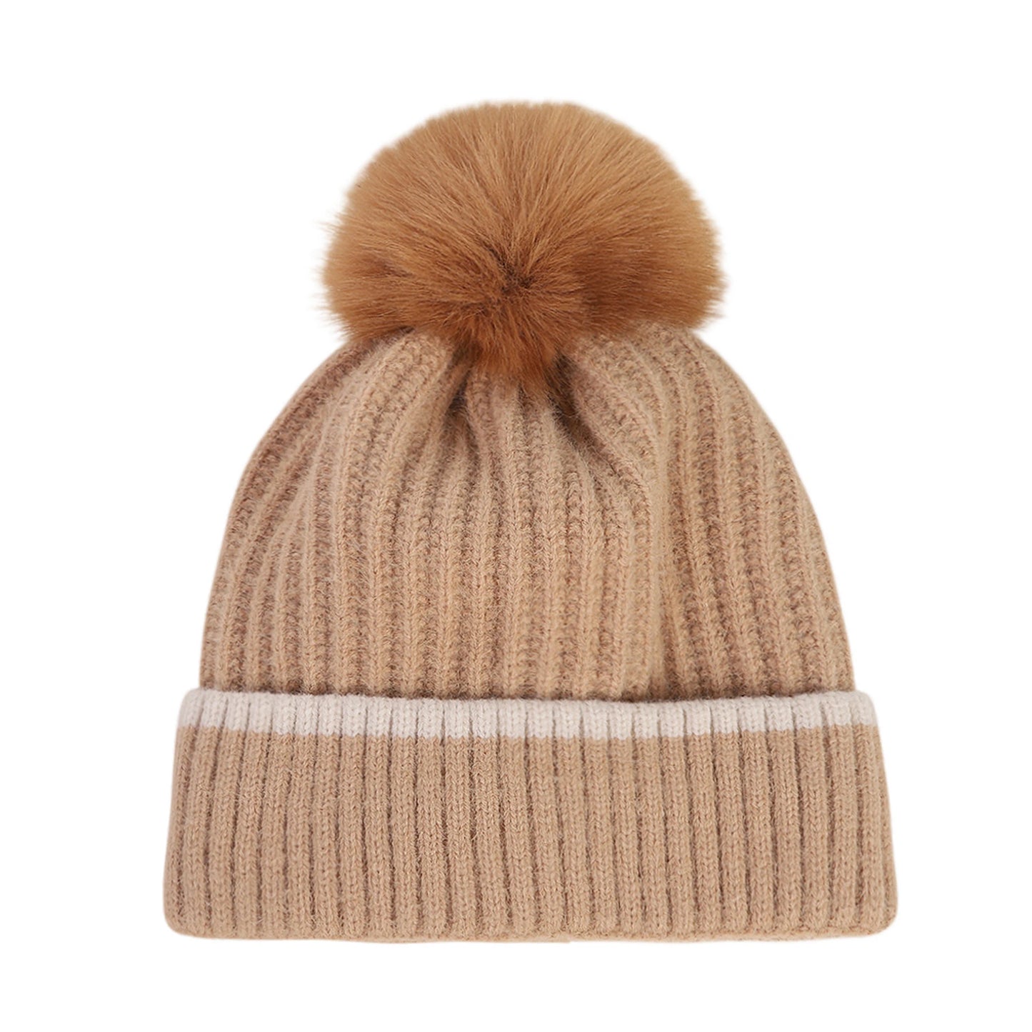 Bobble Hat | Ribbed Knit Contrast Stripe – Camel