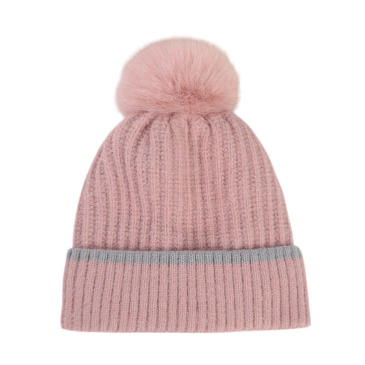 Bobble Hat | Ribbed Knit Contrast Stripe – Pink
