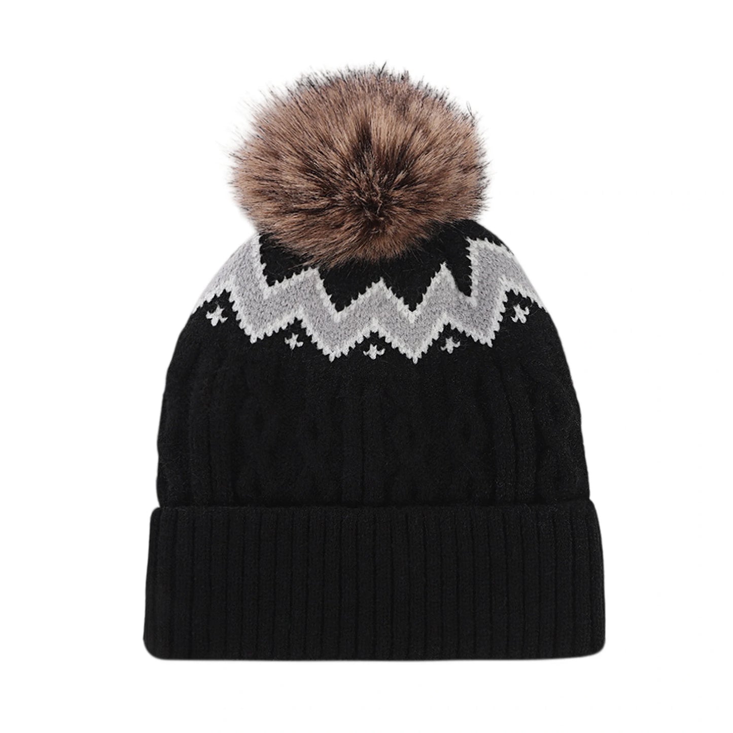 Bobble Hat | Nordic Cable Knit Pattern – Black