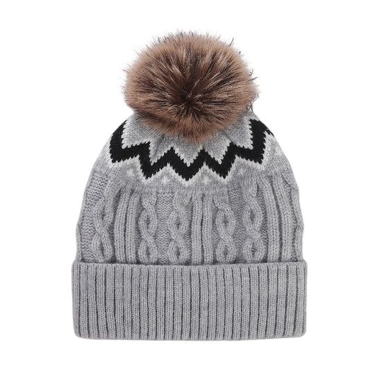 Bobble Hat | Nordic Cable Knit Pattern – Grey