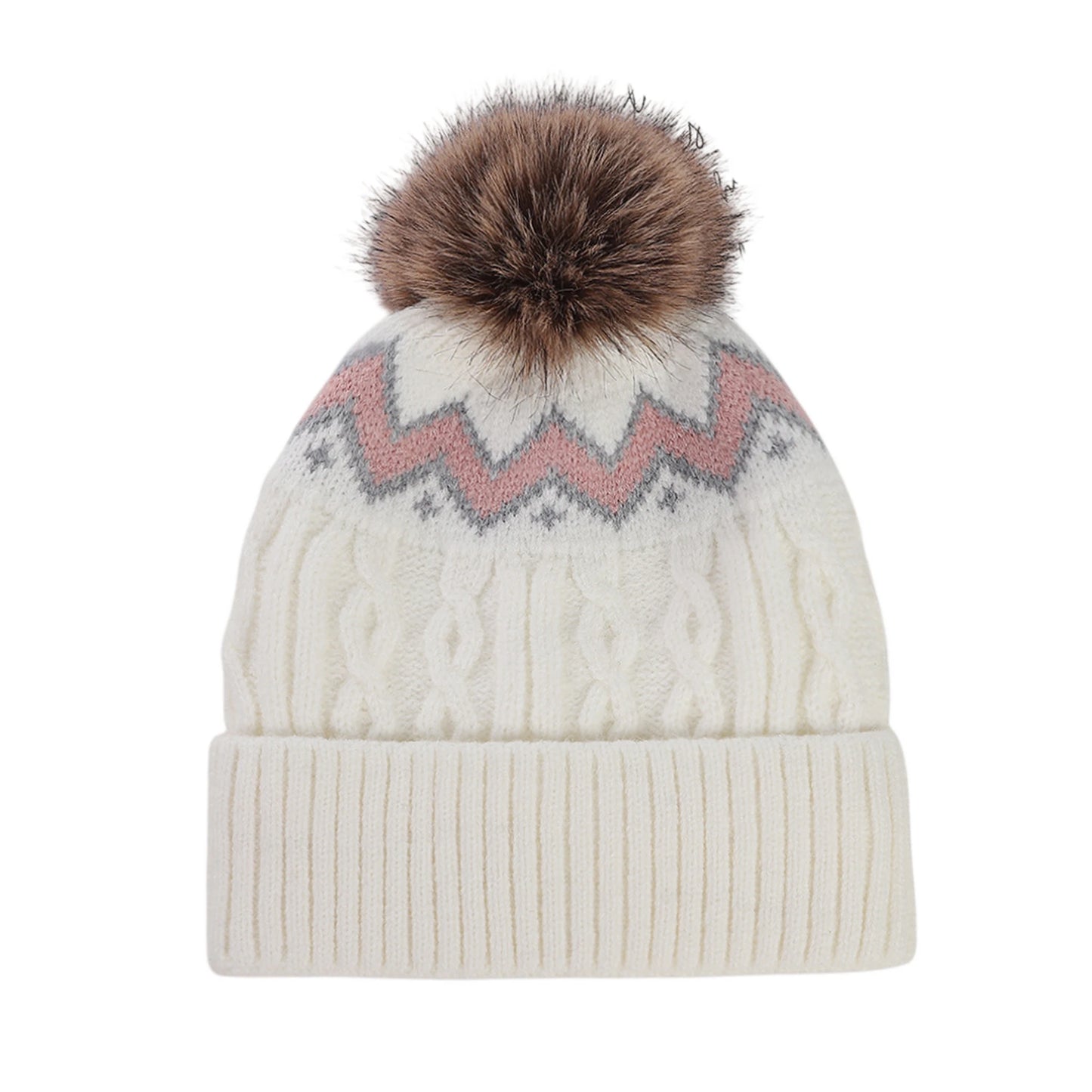Bobble Hat | Nordic Cable Knit Pattern – White