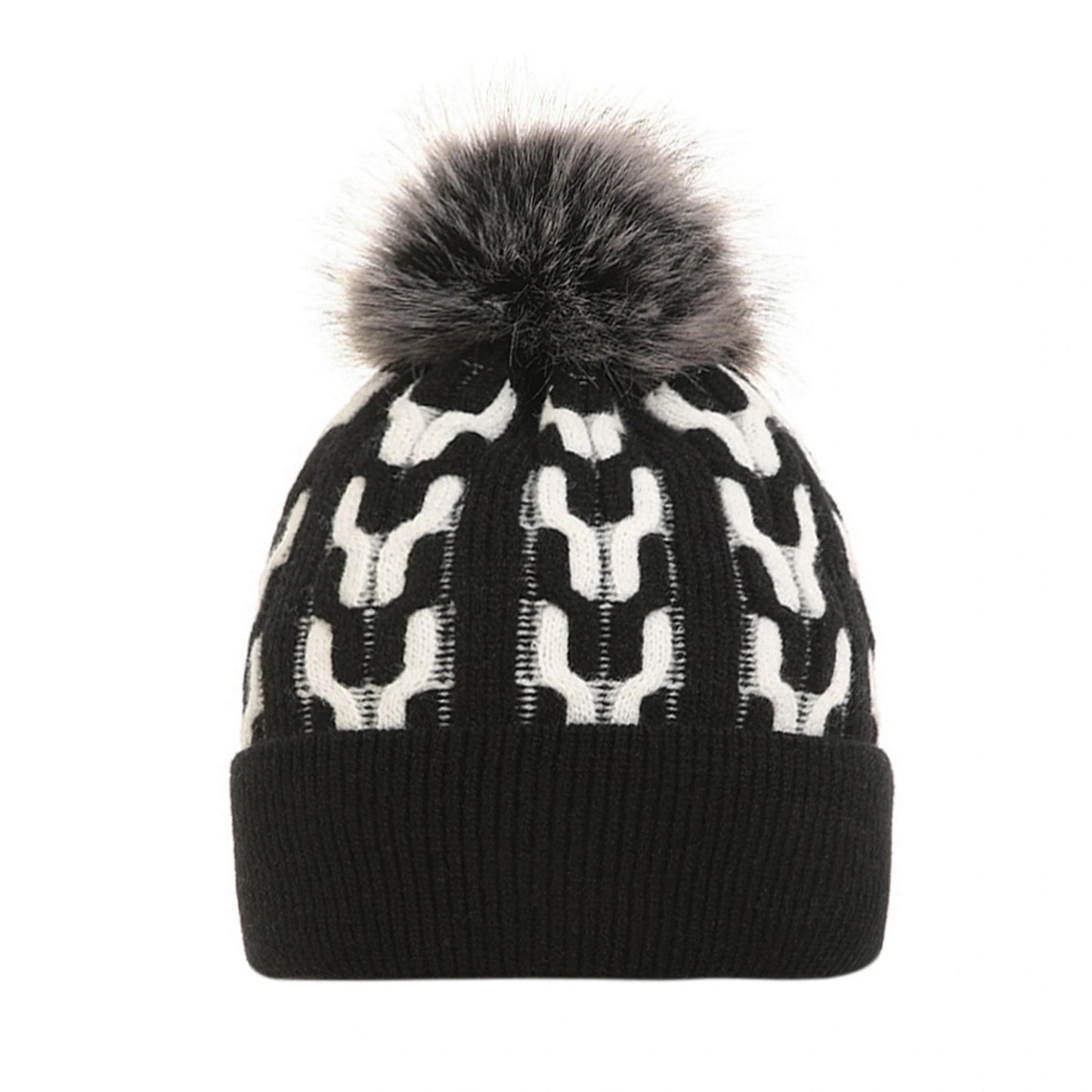 Bobble Hat | Geometric Knit Pattern – Black
