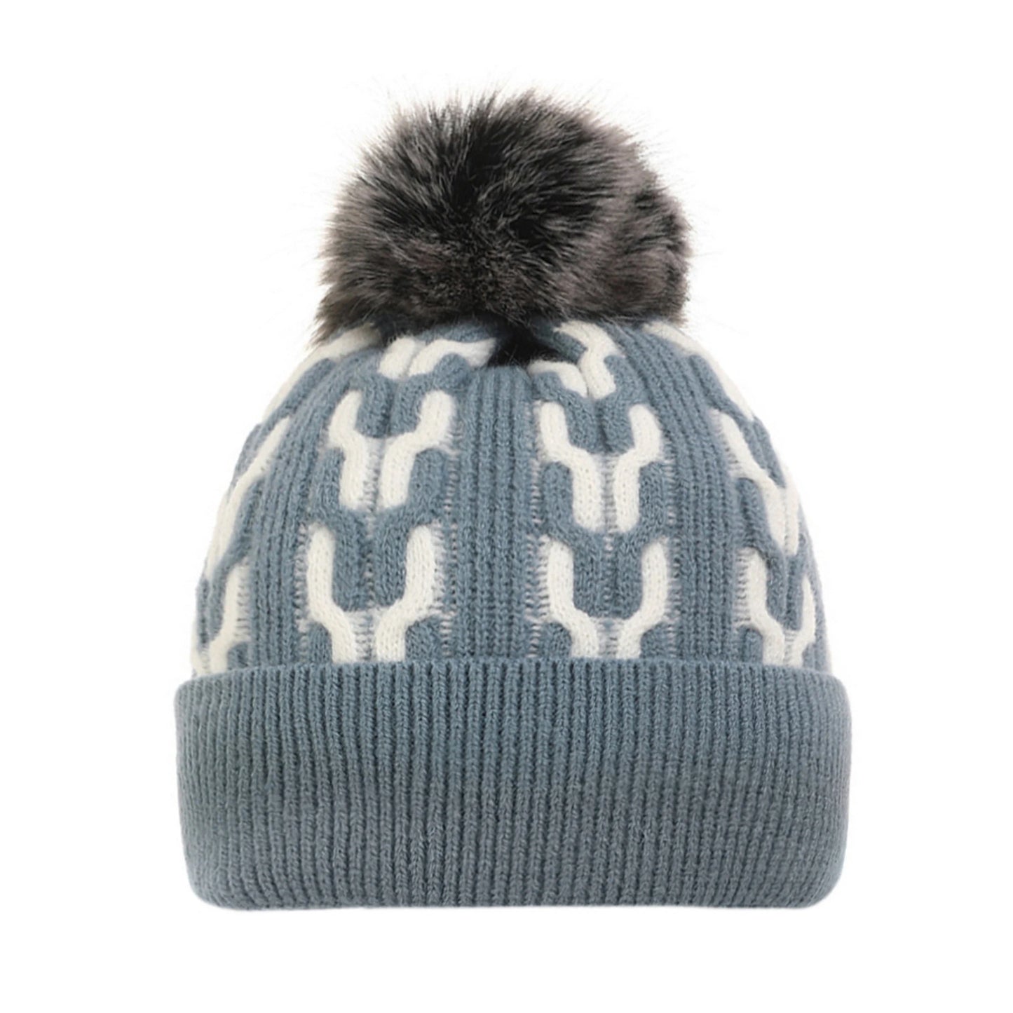 Bobble Hat | Geometric Knit Pattern – Dusty Blue