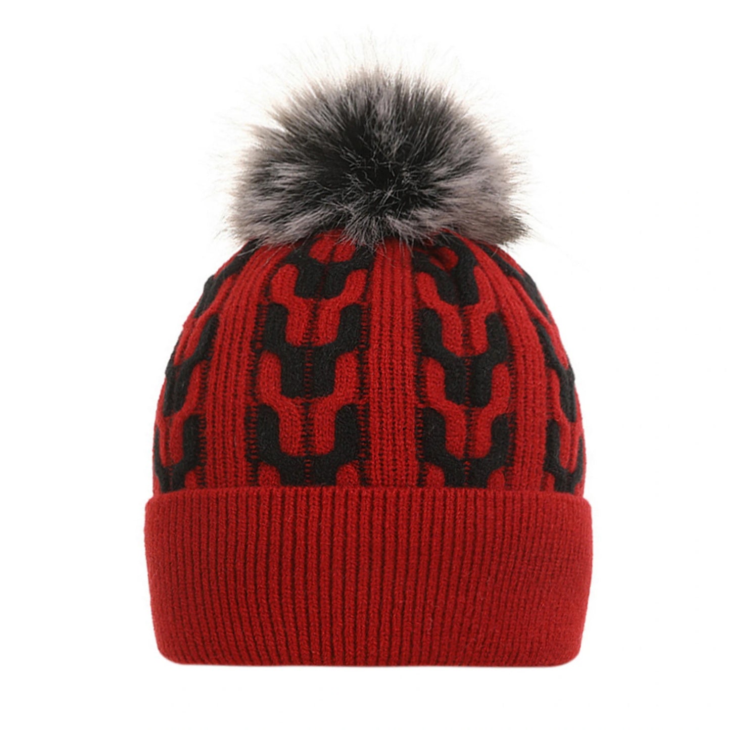 Bobble Hat | Geometric Knit Pattern – Red