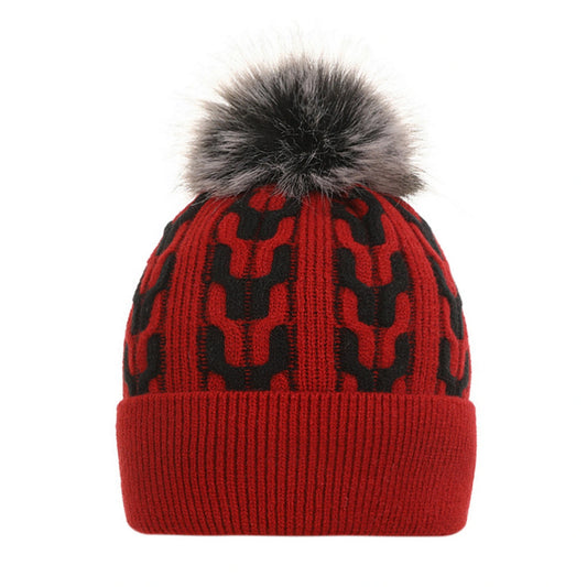 Bobble Hat | Geometric Knit Pattern – Red
