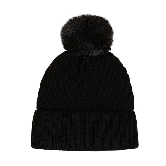 Bobble Hat | Chevron Rib Knit – Black