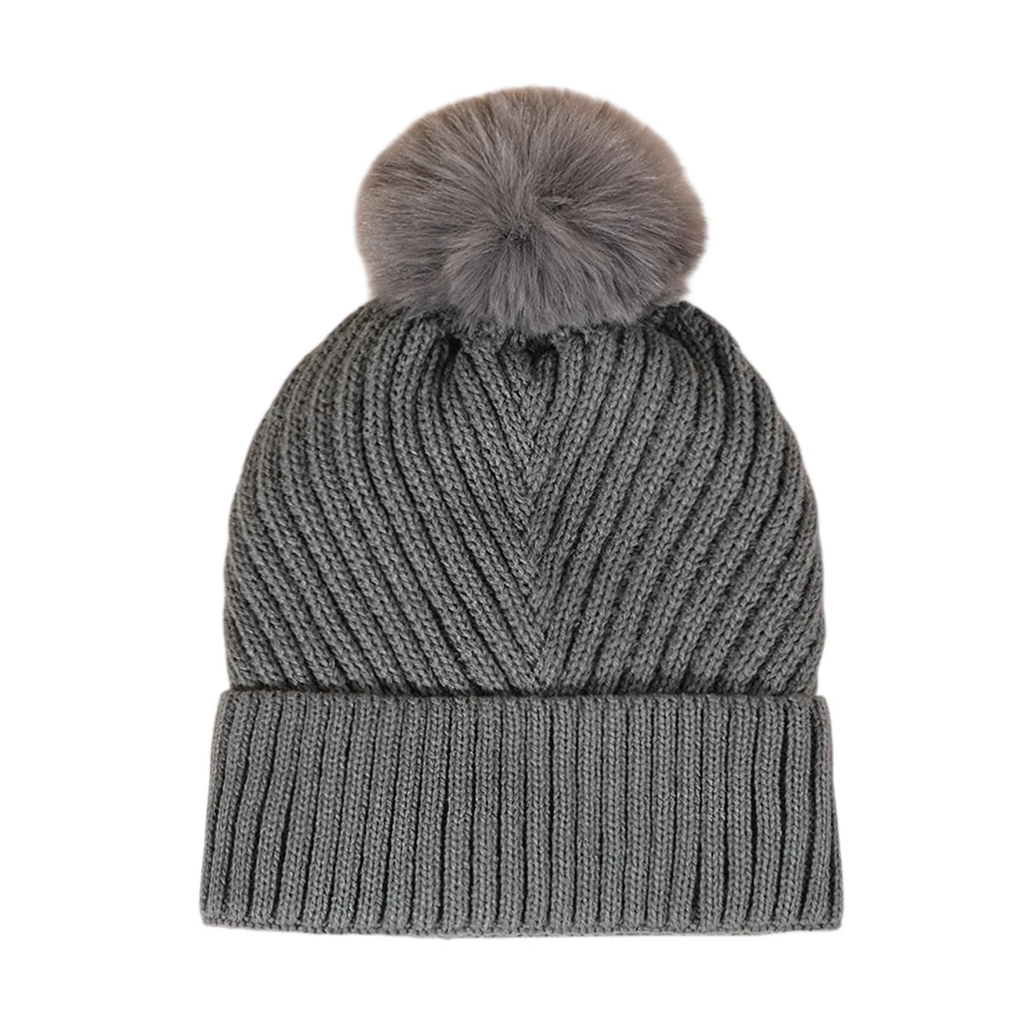 Bobble Hat | Chevron Rib Knit – Grey