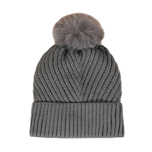 Bobble Hat | Chevron Rib Knit – Grey