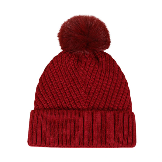 Bobble Hat | Chevron Rib Knit – Red