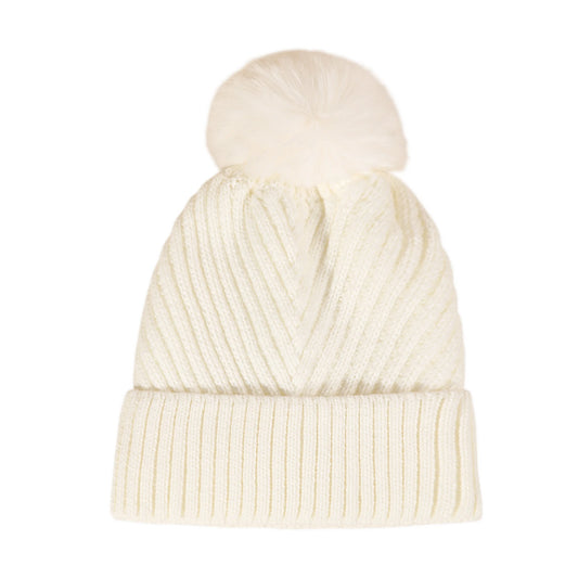 Bobble Hat | Chevron Rib Knit – Cream