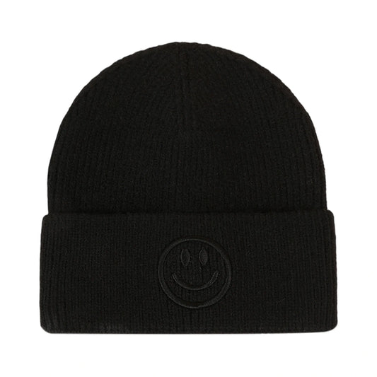 Ski Hat | Smiley Embroidered Rib Knit – Black