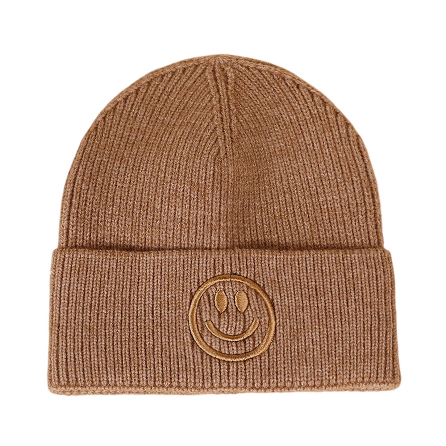 Ski Hat | Smiley Embroidered Rib Knit – Camel