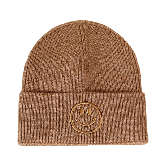 Ski Hat | Smiley Embroidered Rib Knit – Camel