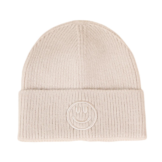 Ski Hat | Smiley Embroidered Rib Knit – Beige
