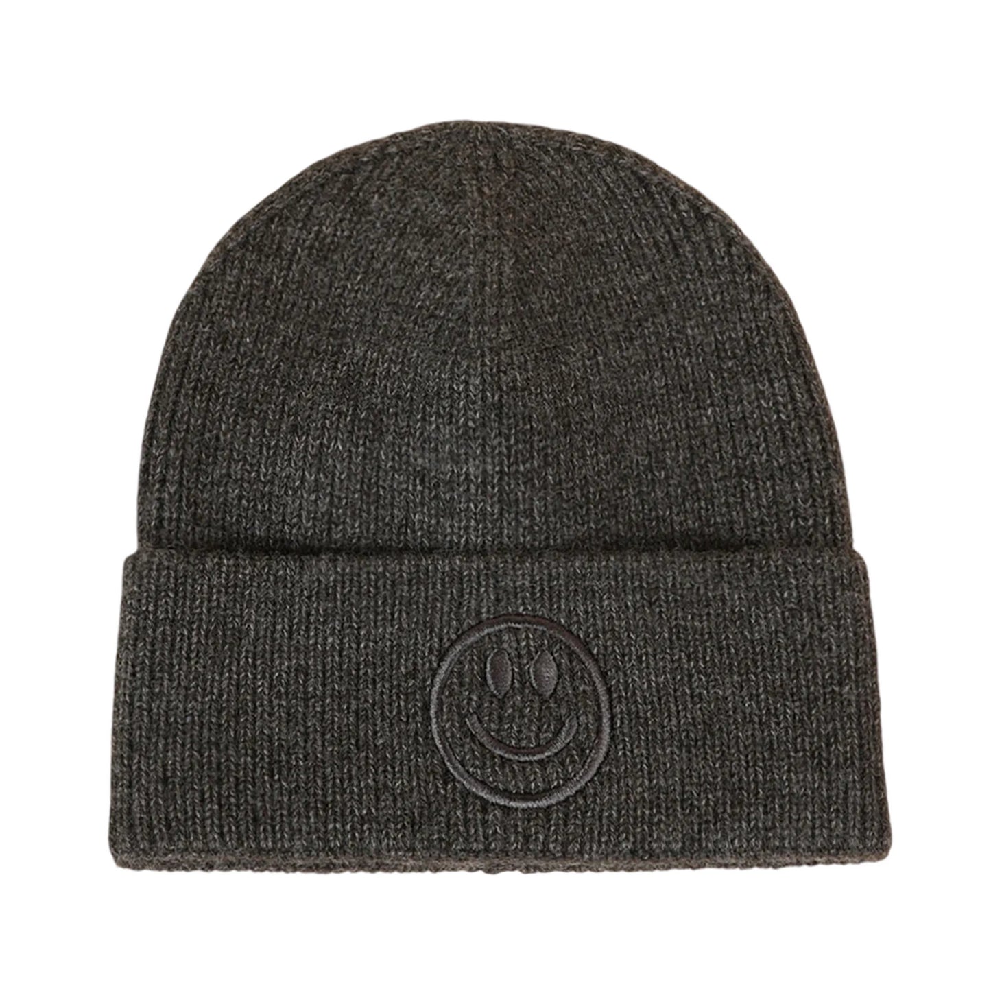 Ski Hat | Smiley Embroidered Rib Knit – Grey