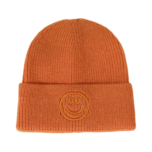 Ski Hat | Smiley Embroidered Rib Knit – Orange