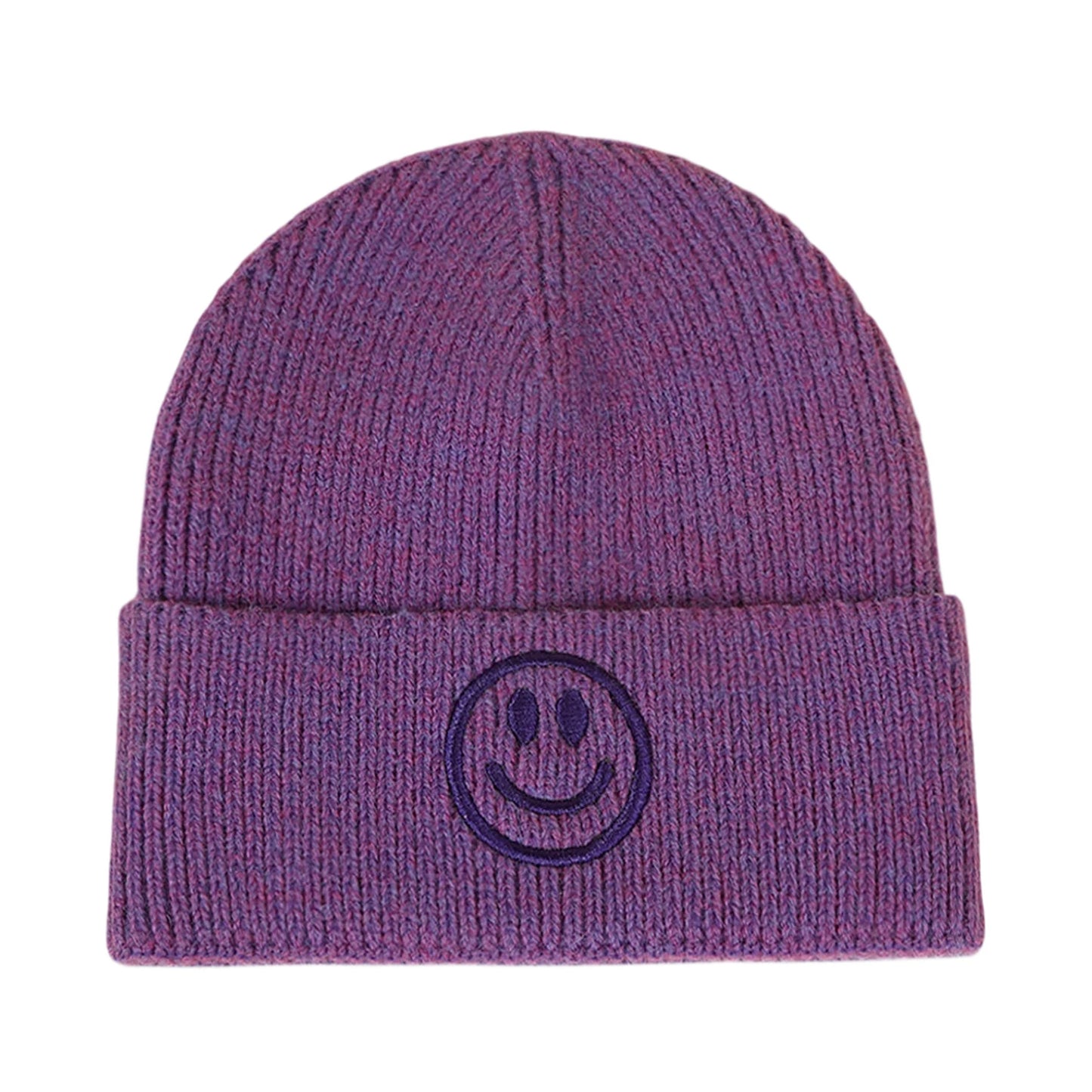 Ski Hat | Smiley Embroidered Rib Knit – Purple