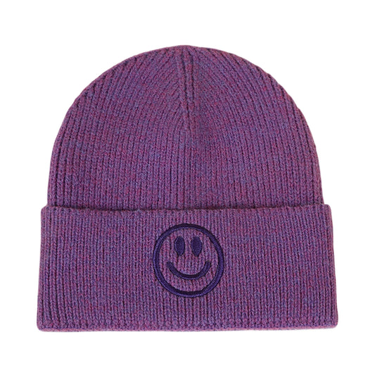 Ski Hat | Smiley Embroidered Rib Knit – Purple