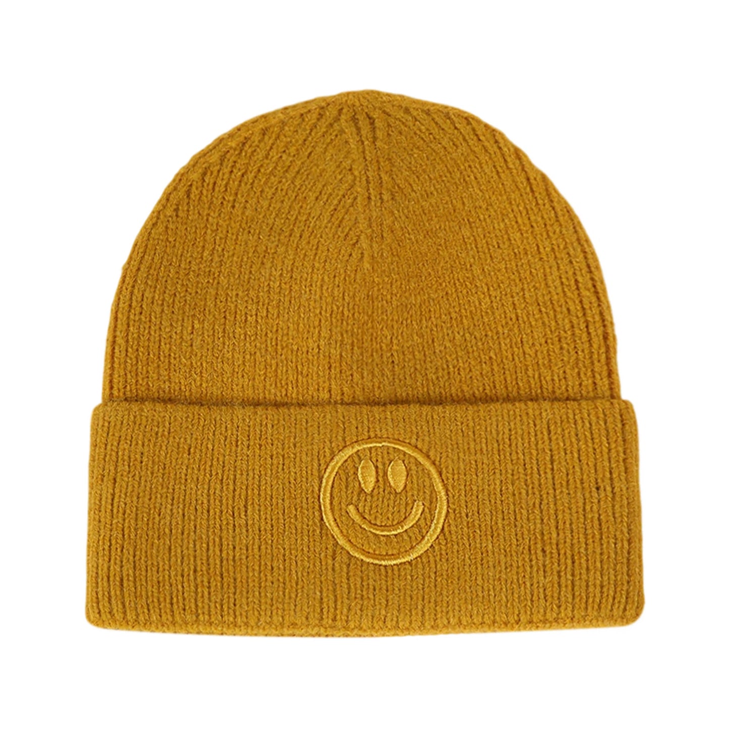 Ski Hat | Smiley Embroidered Rib Knit – Mustard