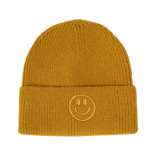 Ski Hat | Smiley Embroidered Rib Knit – Mustard