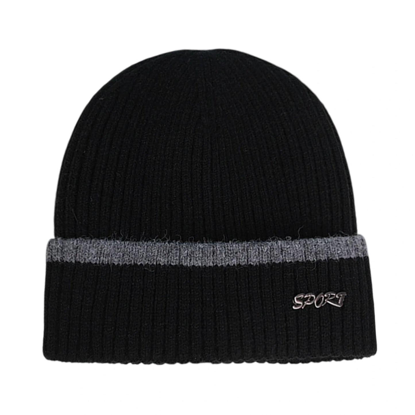 Ski Hat | Contrast Stripe Rib Knit – Black