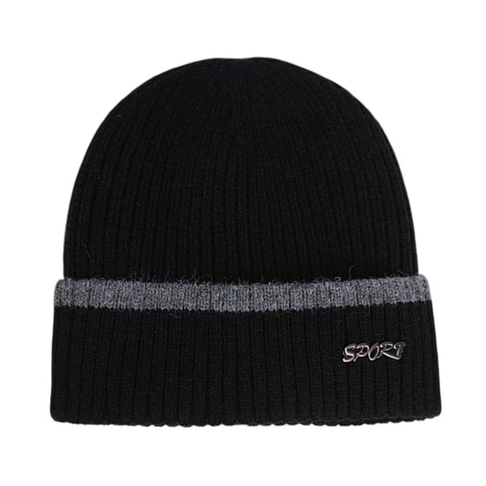 Ski Hat | Contrast Stripe Rib Knit – Black