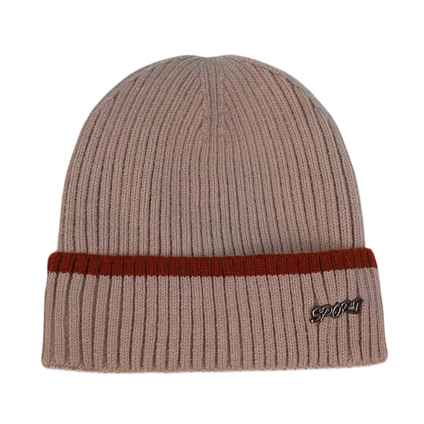 Ski Hat | Contrast Stripe Rib Knit – Khaki