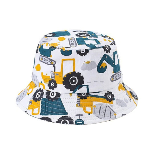 Patterned Bucket Hat | Kids Construction Vehicle Print – White